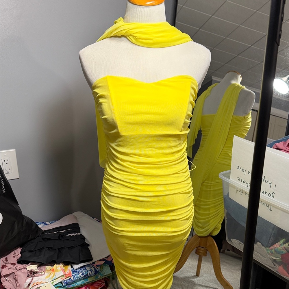 Yellow Strapless Ruched Dress